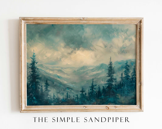 Alpine Mountain Oil Painting Print, Ethereal Sky & Forest Landscape Art, Peaceful Wall Decor Gift