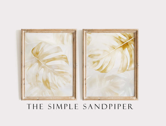 Abstract Palm Leaf Prints Set, Neutral Beige & Gold Watercolor Botanical Art, Minimalist Wall Decor, Digital Download Gift